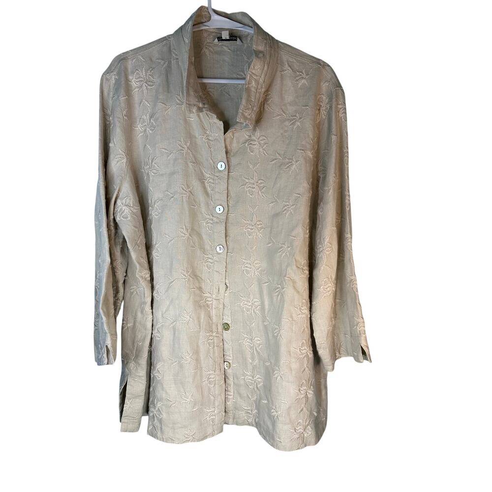 John Mark Beige shirt floral embroidery button-front closure stand up collar XL